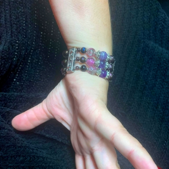 Real Amethyst Triple Banded Boho Bracelet, 7 1/2" - 8 1/2" - Picture 5 of 10